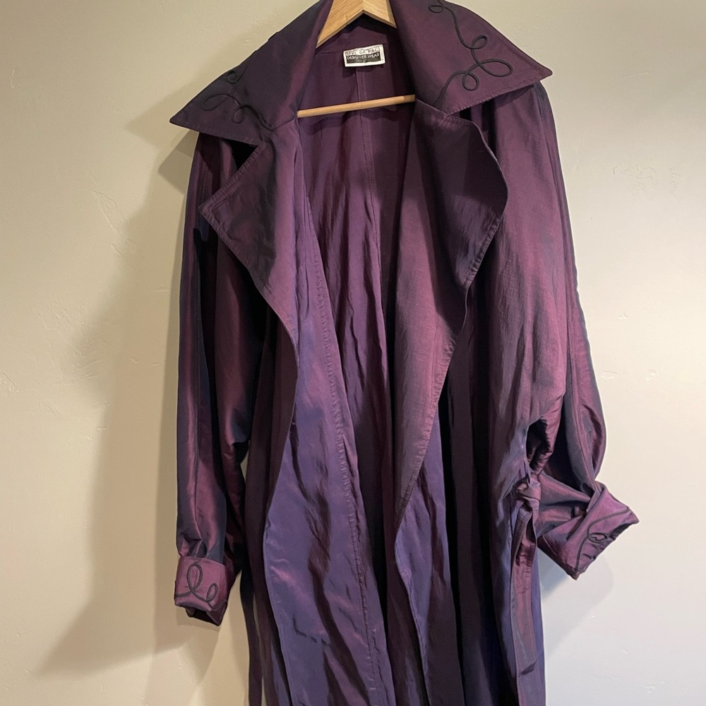 MYCRA PAC designer wear long wrap dark purple coat size XL with trim.